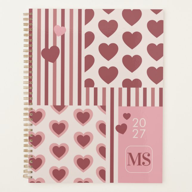 Dusty Pink Hearts & Stripes Monogram Planner (Front)