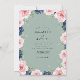 Dusty Pink Indigo Peony Wedding Invitation