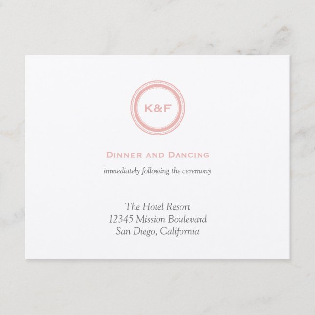 Dusty pink initials wedding reception enclosure card (Front)