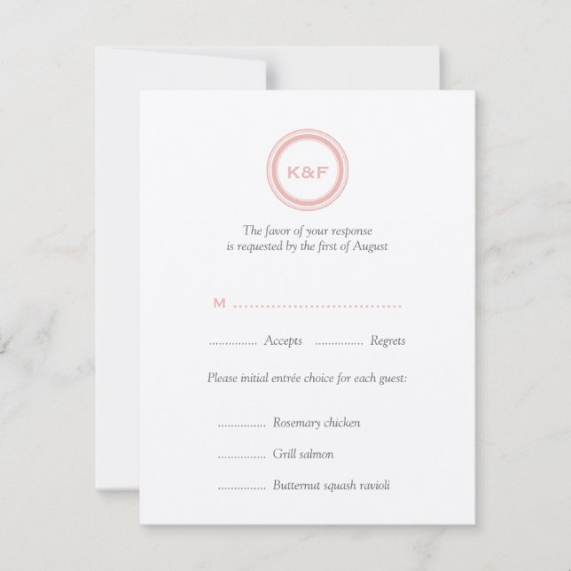 Dusty pink initials wedding RSVP response card (Front)