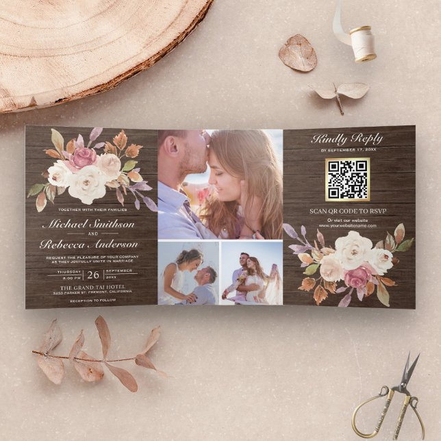 Dusty Pink Ivory Floral Barn Wood QR Code Wedding Tri-Fold Invitation (Creator Uploaded)