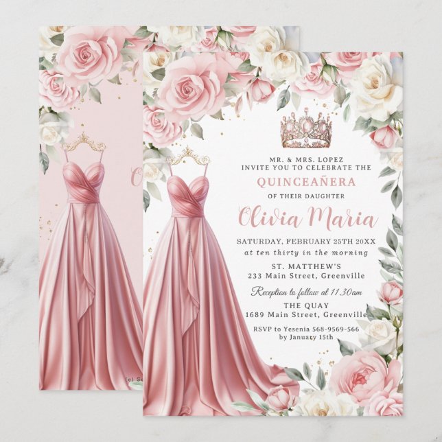 Dusty Pink Ivory Floral Dress Gown Quinceañera Invitation (Front/Back)
