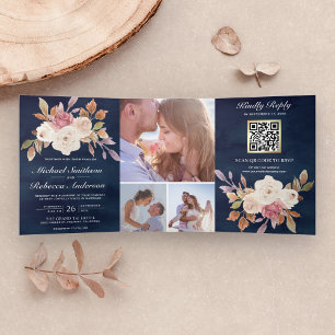 Dusty Pink Ivory Floral Navy Blue QR Code Wedding Tri-Fold Invitation