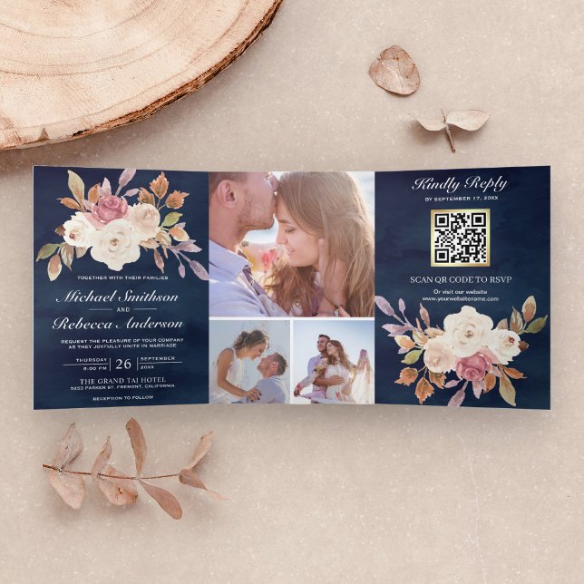 Dusty Pink Ivory Floral Navy Blue QR Code Wedding Tri-Fold Invitation (Creator Uploaded)