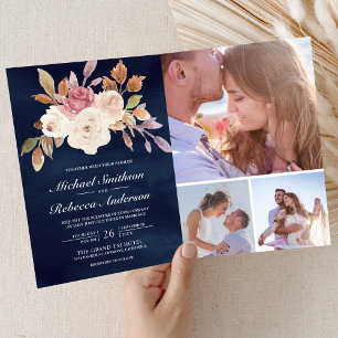 Dusty Pink Ivory Floral Photo QR Code Navy Wedding Invitation