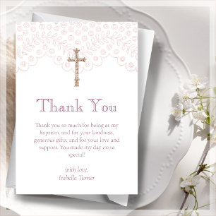 Dusty Pink Lace   Baptism Thank You Card