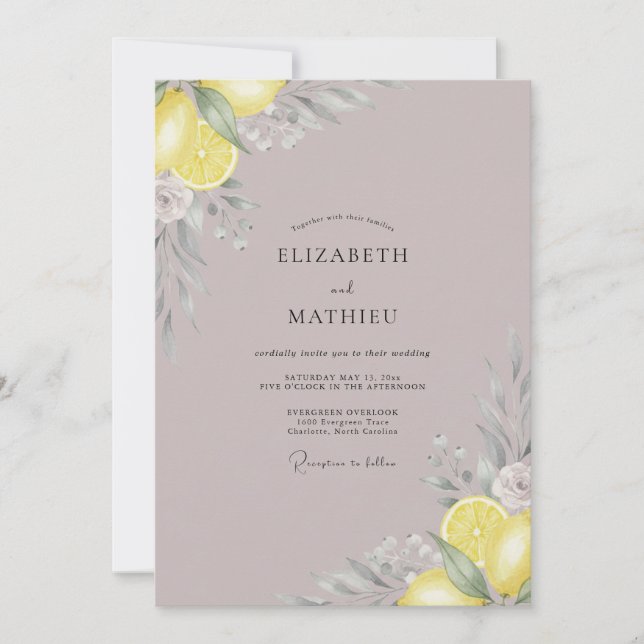 Dusty Pink Lemon Eucalyptus Wedding Invitation (Front)