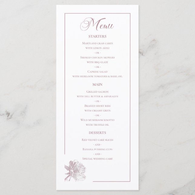 Dusty Pink Line Art Rose Dinner Details Wedding Menu (Front)