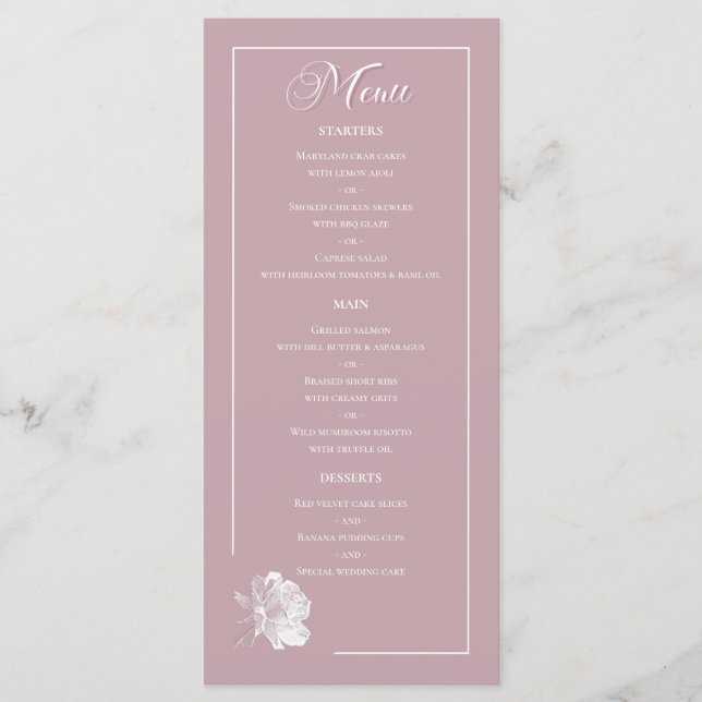 Dusty Pink Line Art Rose Dinner Details Wedding Menu (Front)