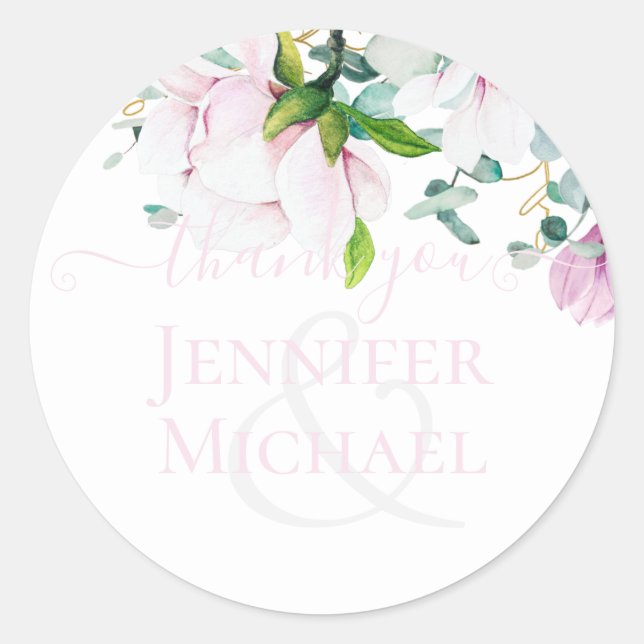 Dusty Pink Magnolias Eucalyptus ThankYou  Classic  Round Sticker (Front)