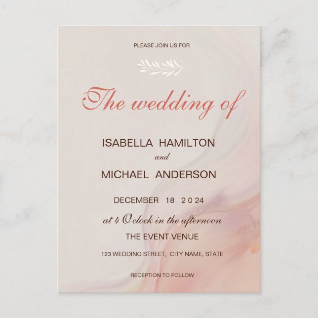 Dusty Pink Marble Script Calligraphy White Branch Invitation Postcard (Front)