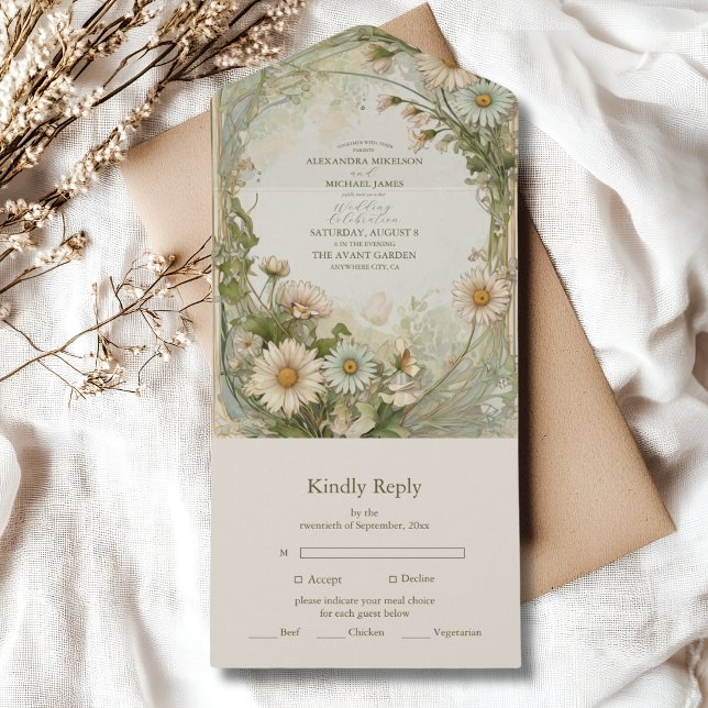 Dusty Pink Marguerite Daisy Wedding Art Nouveau All In One Invitation (Creator Uploaded)