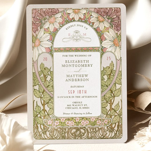 Dusty Pink Marguerite Daisy Wedding Art Nouveau In Invitation (Creator Uploaded)