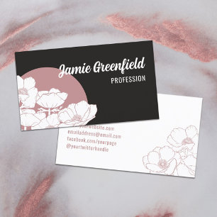 Dusty Pink Matte Black White Anemones Line Art Business Card
