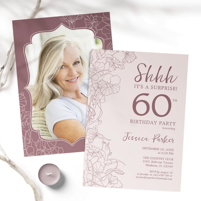Dusty Pink Mauve Photo Surprise 60th Birthday Invitation (Creator Uploaded)