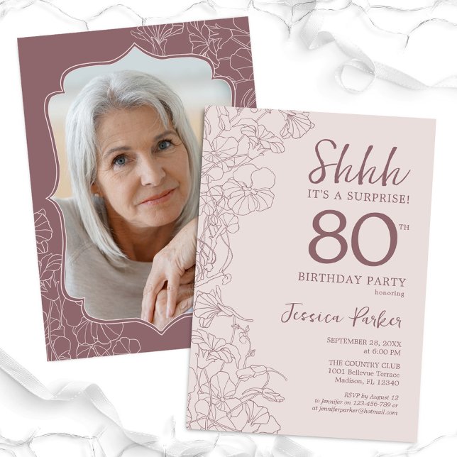 Dusty Pink Mauve Photo Surprise 80th Birthday Invitation (Creator Uploaded)