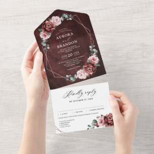 Dusty Pink Mauve Rose Floral Geometric Wedding  Al All In One Invitation