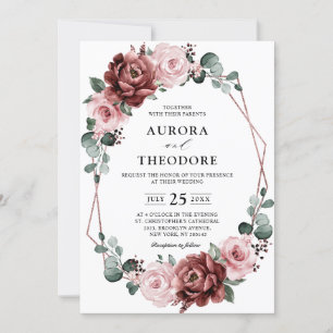 Dusty Pink Mauve Rose Floral Geometric Wedding Invitation