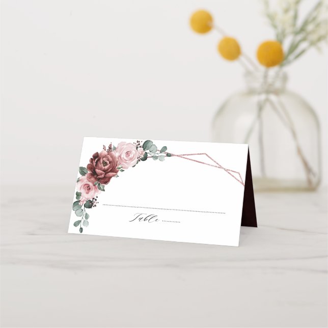 Dusty Pink Mauve Rose Floral Geometric Wedding  Place Card (Front)