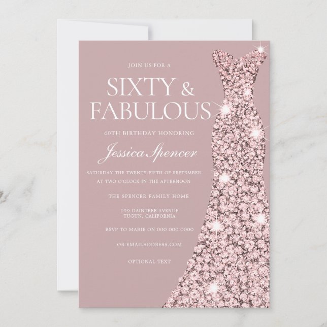 Dusty Pink Mauve Rose Gold Dress 60th Birthday Invitation (Front)
