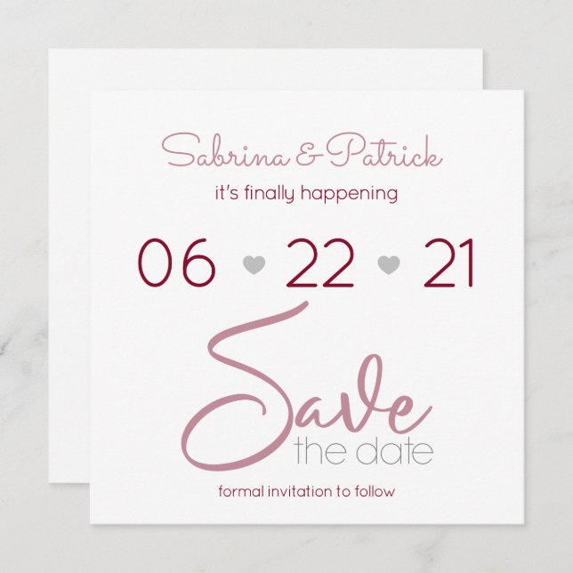 Dusty Pink Merlot and Grey Minimal Save the Date Invitation (Front/Back)