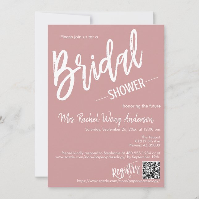 Dusty Pink Minimal Script Bridal Shower QR Code Invitation (Front)
