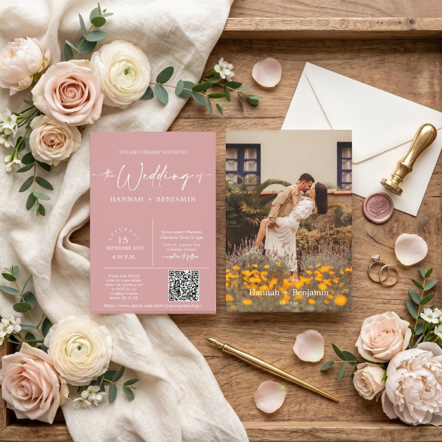 Dusty Pink Minimal Wedding Boho Arch QR Code Photo Invitation (Creator Uploaded)