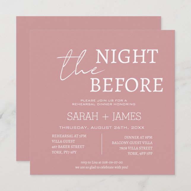 Dusty Pink Minimalist Rehearsal Dinner Wedding  Invitation (Front/Back)