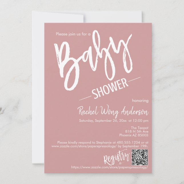 Dusty Pink Minimalist Script Baby Shower QR Code Invitation (Front)