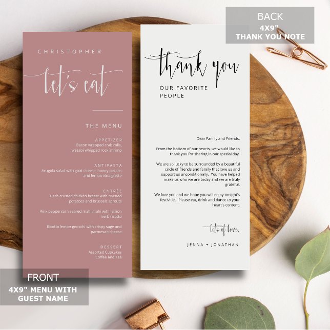 Dusty Pink Modern Minimal Thank You Placecard Menu (Creator Uploaded)