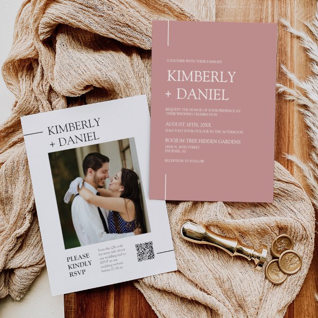 Dusty Pink Modern Minimal Wedding QR Code Photo Invitation (Creator Uploaded)