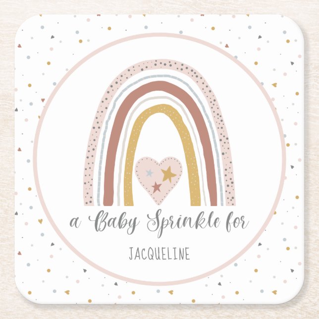 Dusty Pink Modern Rainbow Gold Girl Baby Sprinkle Square Paper Coaster (Front)