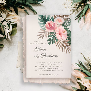 Dusty Pink Modern Tropical Watercolor Wedding Invitation