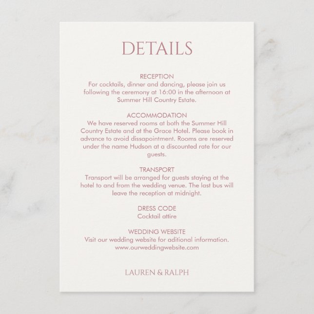 Dusty Pink | Monogram Wedding Details  Enclosure Card (Front)