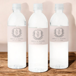 Dusty Pink Monogram Wedding Floral Crest Water Bottle Label