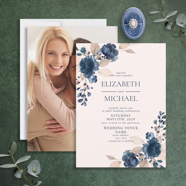 Dusty Pink Navy Blue Floral Photo Rustic Wedding Invitation (Creator Uploaded)