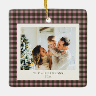 Dusty Pink Olive Gingham Family Photo Personalised Ceramic Ornament