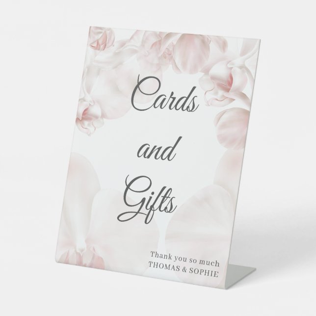 Dusty pink orchid watercolor wedding details pedestal sign (Front)