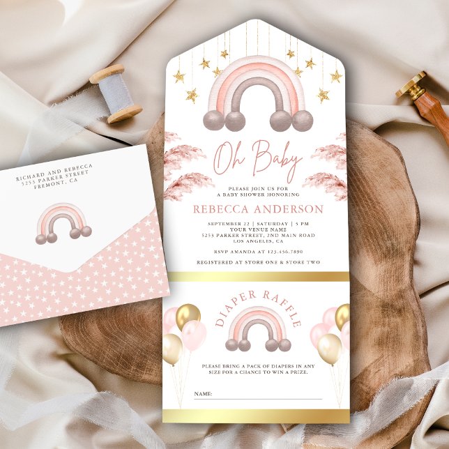 Dusty Pink Pampas Boho Rainbow Girl Baby Shower All In One Invitation (Creator Uploaded)