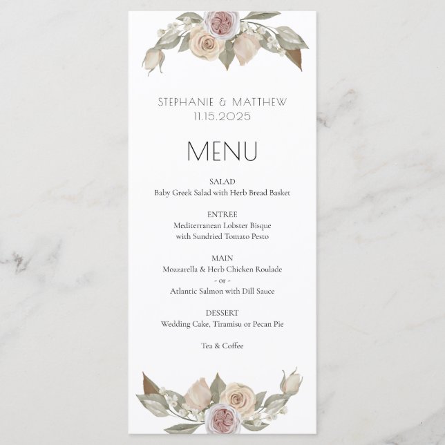 Dusty Pink Peach Floral Botanical Wedding Menu (Front)