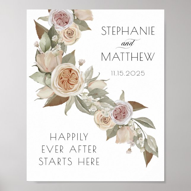Dusty Pink Peach Flowy Botanical Floral Wedding Poster (Front)