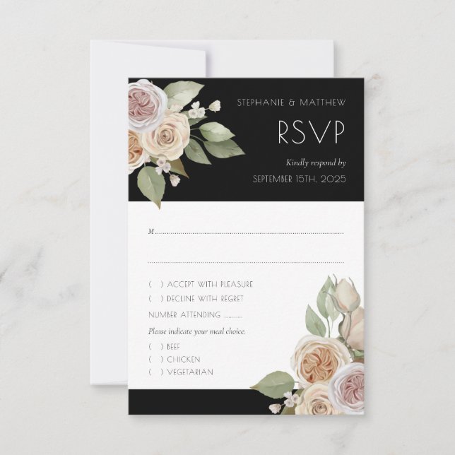 Dusty Pink Peach Rose Botanical Black Wedding RSVP Card (Front)