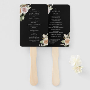 Dusty Pink Peach Rose Floral Black Wedding Program Hand Fan