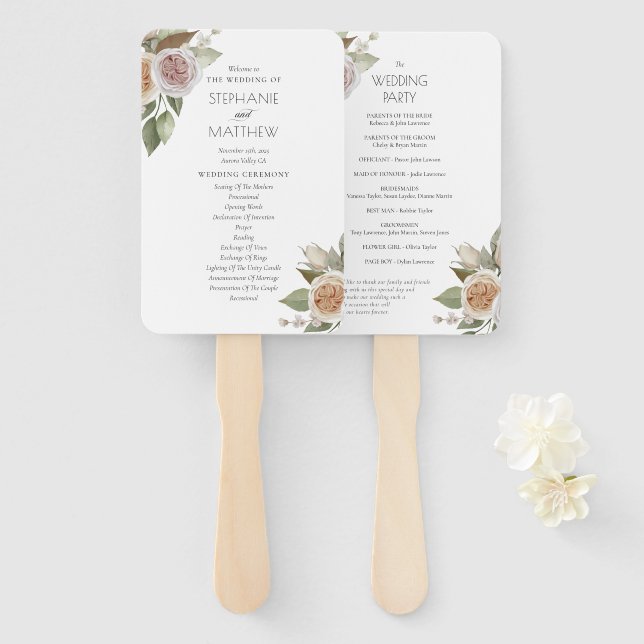 Dusty Pink Peach Rose Floral Wedding Program Hand Fan (Front and Back)