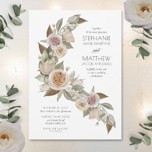 Dusty Pink Peach Rose Flowy Botanical Wedding Invitation