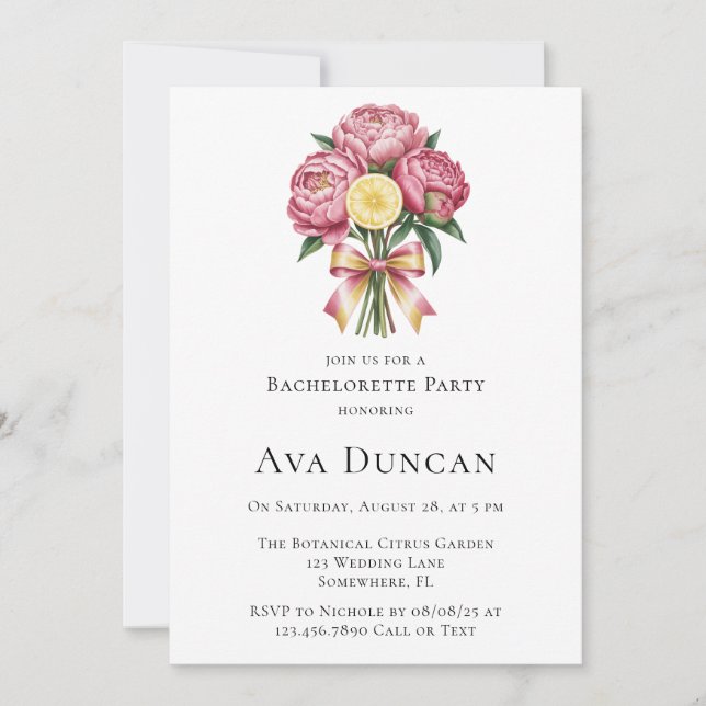 Dusty Pink Peonies and Lemon Bachelorette Party Invitation (Front)