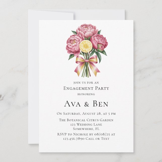 Dusty Pink Peonies and Lemon Engagement Party Invitation (Front)