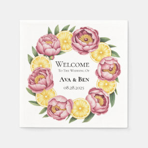 Dusty Pink Peonies and Lemon Wedding Paper Plates Napkin