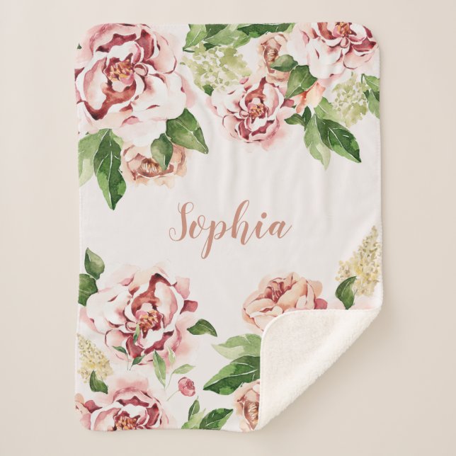 Dusty Pink Peony Floral Girl Name Baby Sherpa Blanket (Front)