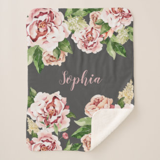 Dusty Pink Peony Floral Girl Name Baby Sherpa Blanket